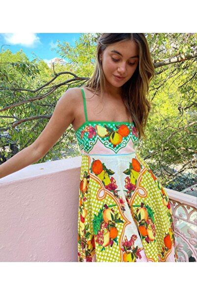 S&A Collectionn Strappy Square Neck Back Gimped Multicolor Patterned Lined Maxi Dress