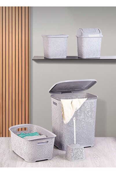 Defne Kitchen Dantel Desen 5 Parça Banyo Seti Kirli Sepeti- Çamaşır Selesi- D...