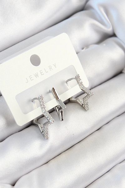 PRATİKOBA Bfs brass zircon stone star model silver color 3-piece double women's earring set
