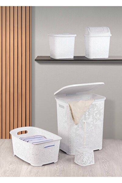 CEZVE HOME Dantel Desen 5 Parça Banyo Seti Kirli Sepeti- Çamaşır Selesi- Dete...