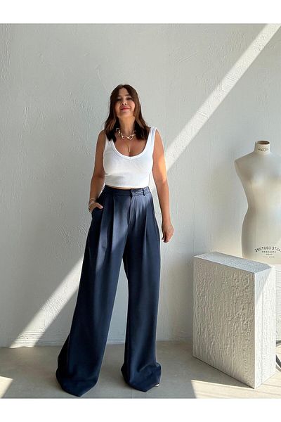 ELVAN TOLON Navy Blue Tril Palazzo Trousers