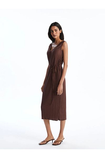 LC Waikiki Lcw eco brown v-neck textured women's dress