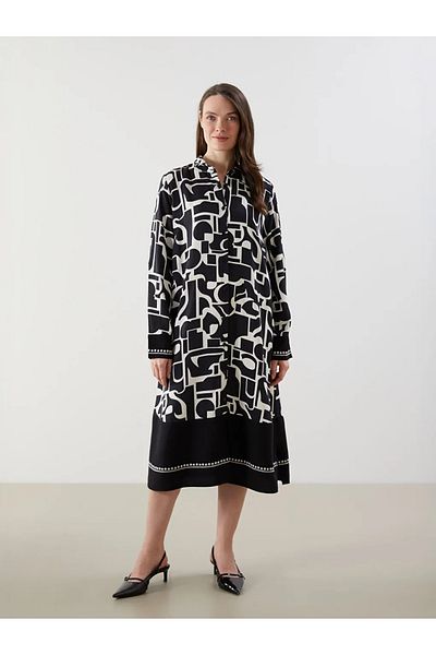 LC Waikiki Lcw Grace Black Belted Patterned Shirt Dress