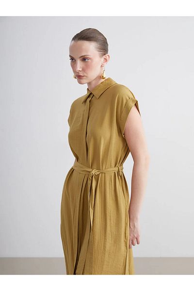 LC Waikiki Lcwaikiki classic green belted textured shirt dress