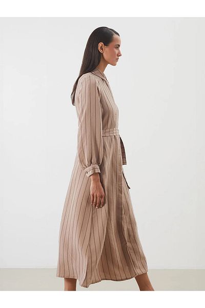 LC Waikiki Lcw Modest Brown Striped Modal Blend Shirt Dress