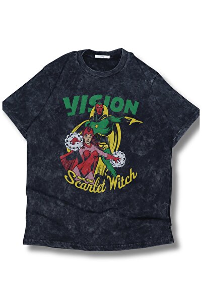 Fuddy Moda Unisex Scarlet Witch Vision Štampano Washed T-shirt , Oversize kro...