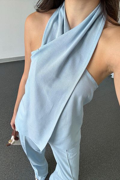 ECEMİ Chess Blue Double Breasted Blouse Pants Suit