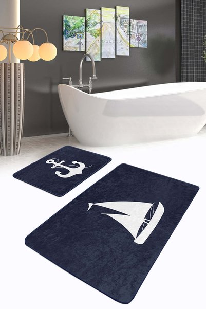 Realhomes Sailboat and Anchor Patterned Black and White 2-Piece Non-Slip Base Washable Bath Mat Set