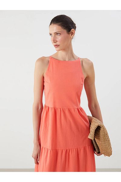 LC Waikiki Lcwaikiki Classic Orange Crew Neck Strap Fold Dress