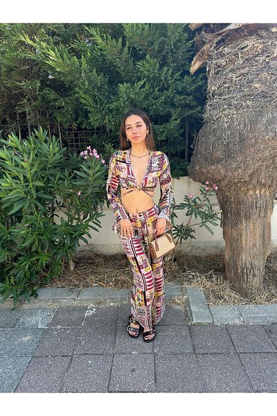 Cherry Lane Cherrylane Colorful Ethnic Print Bohemian Style Summer Set – Spanish Sleeve Crop Top and Loose Pants