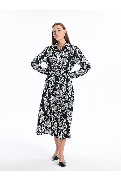 LC Waikiki Lcwaikiki classic black floral long sleeve women shirt dress