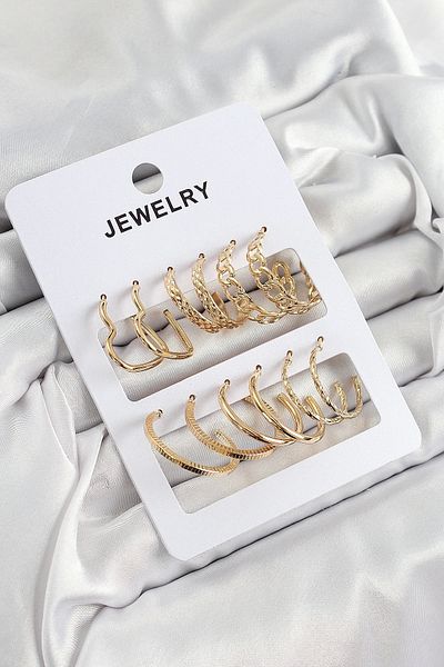 PRATİKOBA Bfs Brass Mixed Ring Model Gold Color 6 Pairs Women's Earrings Set