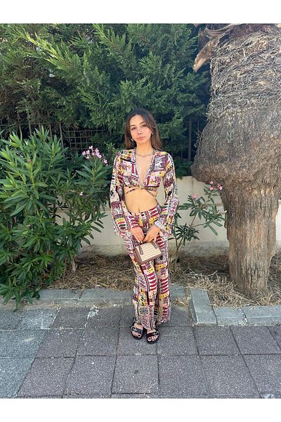 Cherry Lane Cherrylane Colorful Ethnic Print Bohemian Style Summer Set – Spanish Sleeve Crop Top and Loose Pants