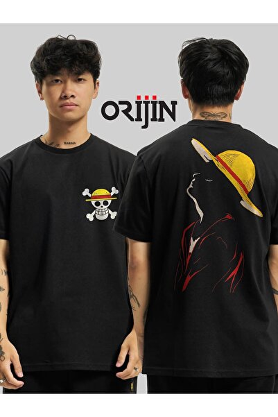 donamod Tricou negru, unisex, imprimat cu siluetă din One Piece Monkey D. Luffy