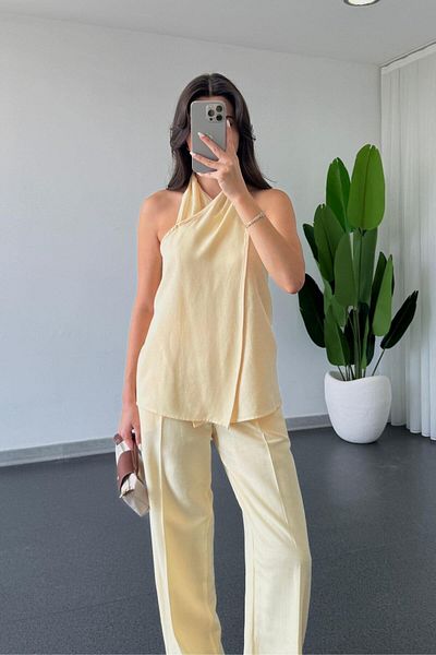 ECEMİ Chess Yellow Double Breasted Blouse Pants Suit