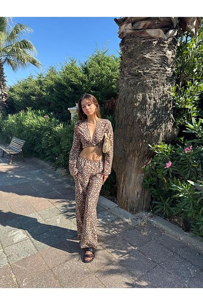 Cherry Lane Leopard Print Spanish Sleeve Wide Leg Summer Suit