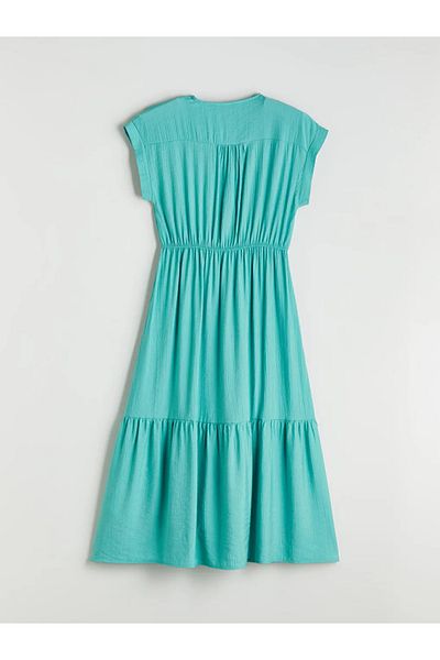 LC Waikiki Lcwaikiki Classic Khaki V-Neck Textured Waist Sitting Dress