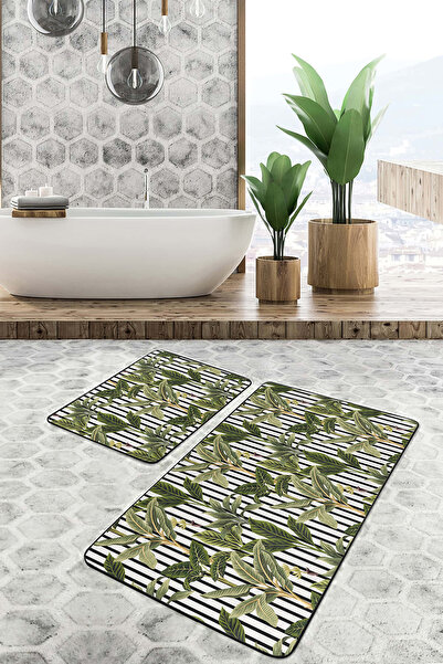 Realhomes مجموعة منشفة حمام مخططة باللون الأخضر والأسود مكونة من قطعتين وقاعد...