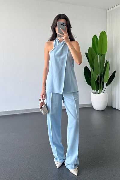 ECEMİ Chess Blue Double Breasted Blouse Pants Suit
