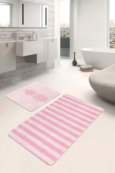 Realhomes Pink Striped and Pineapple Patterned 2-Piece Non-Slip Base Washable Bath Mat Set