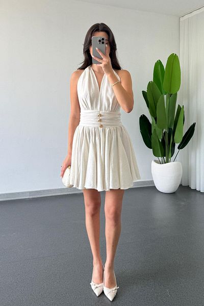 ECEMİ Laun Ecru Halter Neck Flounce Dress