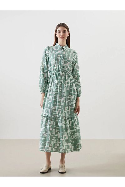 LC Waikiki Lcw Modest Green Shirt Collar Print Women's Dress