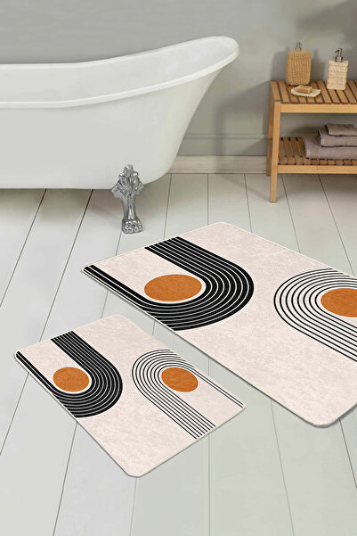 Realhomes Orange Black Striped Modern Geometric Patterned 2-Piece Non-Slip Base Washable Bath Mat Set