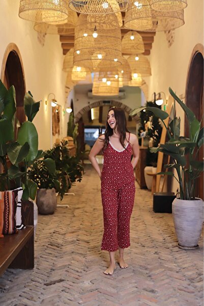Aydoğan Heart Patterned Strap Lace Detailed Cotton Fabric Women's Pajama Set