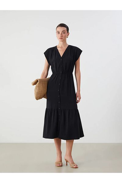 LC Waikiki Lcwaikiki Classic Black V-Neck Textured Waist Dress
