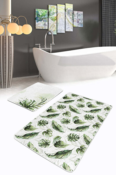 Realhomes Green Leaf Patterned 2-Piece Non-Slip Base Washable Bathroom Mat Set on White Background