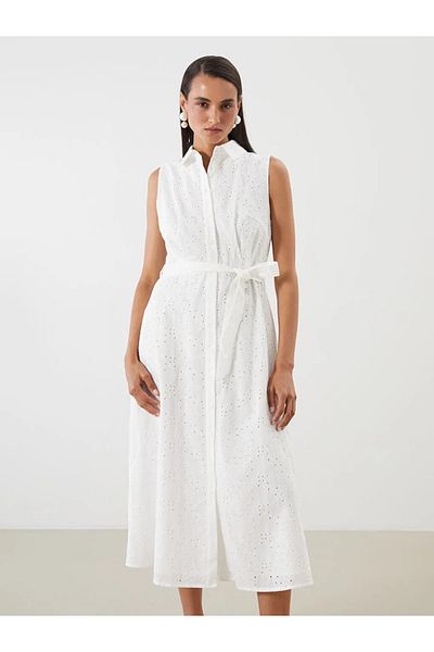 LC Waikiki Lcwaikiki Classic White Openwork Shirt Dress