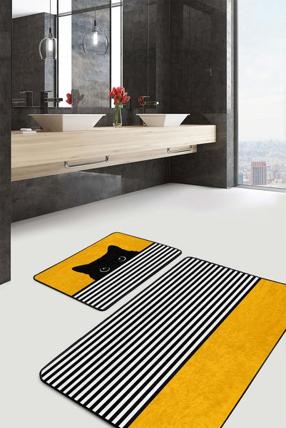 Realhomes Striped Black Cat Patterned Yellow Black 2-Piece Non-Slip Base Washable Bath Mat Set