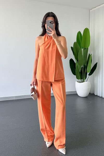 ECEMİ Chess Orange Double Breasted Blouse Pants Suit