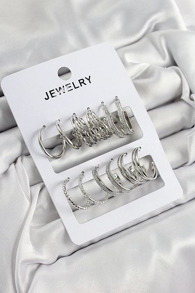 PRATİKOBA Bfs Brass Mixed Ring Model Silver Color 6 Pairs Women Earrings Set