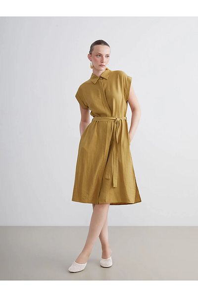 LC Waikiki Lcwaikiki classic green belted textured shirt dress