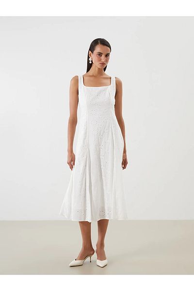 LC Waikiki Lcwaikiki Classic White Square Neck Openwork Dress