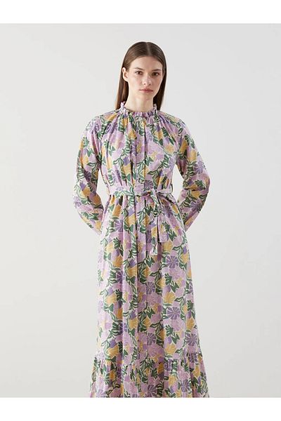 LC Waikiki Lcw modest purple ruffle Mock Neck floral shirt dress