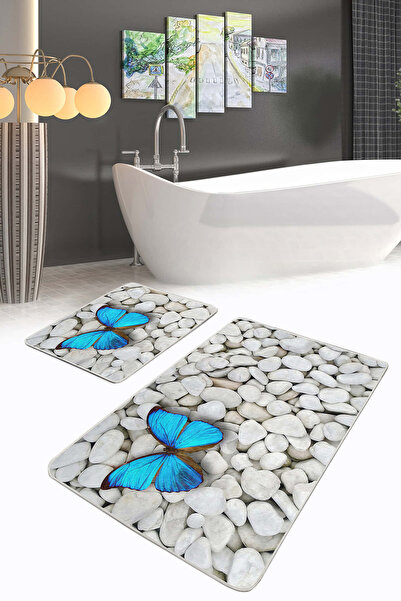 Realhomes مجموعة منشفتين للحمام بنمط الحجر الأبيض والفراشة الزرقاء وقاعدة غير قابلة للانزلاق وقابلة للغسل