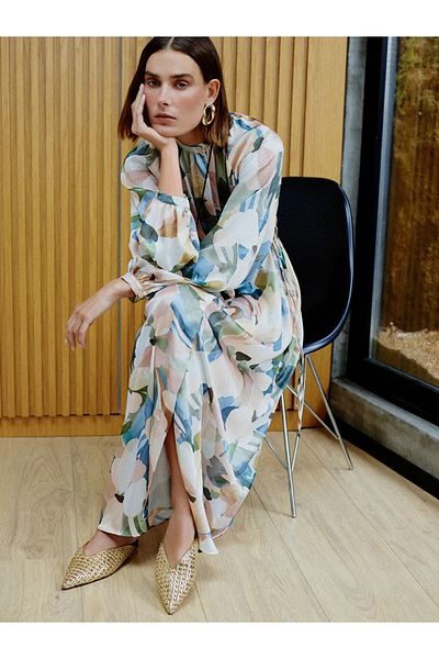 LC Waikiki Lcw Modest Green Judge Collar Floral Crinkle Women's Shirt Dress