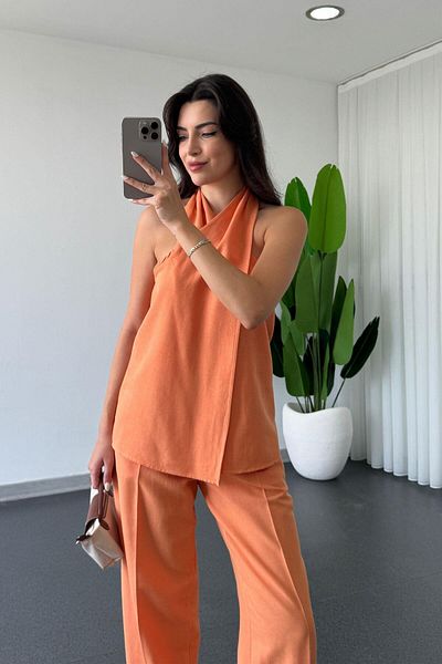ECEMİ Chess Orange Double Breasted Blouse Pants Suit
