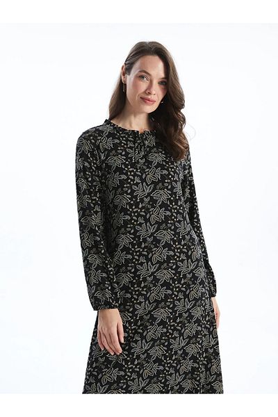 LC Waikiki Lcw Grace Black Lace-Up Collar Floral Women's Dress