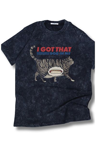 Fuddy Moda Unisex I Got That Dog In Me Γραμμένο Πλενόμενο T-Shirt, Oversize Αστεία Γάτα Vintage T-shirt