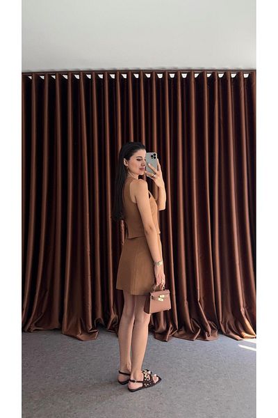 HAZELANNA Eyelet Brown Vest-Skirt Suit