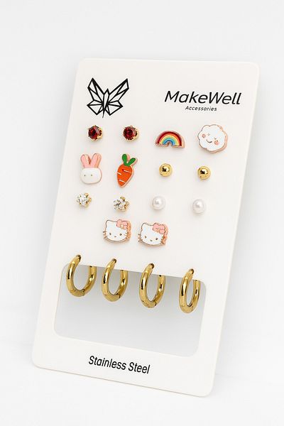 MakeWell 925S Sterling Silver Needle Rainbow Cloud Hello Kity Rabbit and Carrot Hoop and Pearl 9-Piece Children's Earrings Set