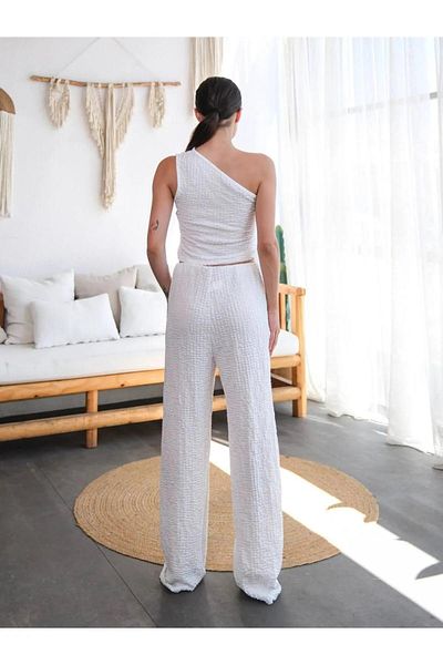 vesantia Women's One Shoulder Seersucker Blouse Pants Set