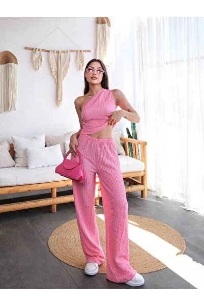 vesantia Women's One Shoulder Seersucker Blouse Pants Set