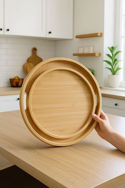 ENYAZA(2024) Natural Bamboo Set of 2 Round Presentation Trays – Non-Slip & Ergonomic Grip Handles
