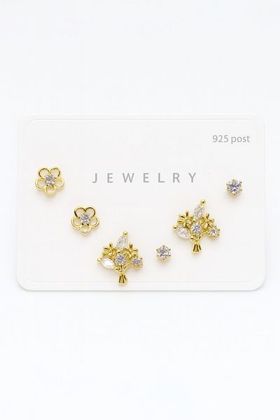 MakeWell 925S Sterling Silver Needle Tree and Flower Design Zircon Stone 3-Piece Earring Set