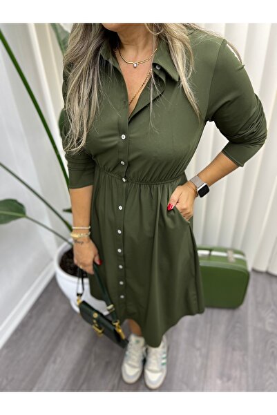 TREND&LİFE Yakalı beli lastikli haki yeşil elbise