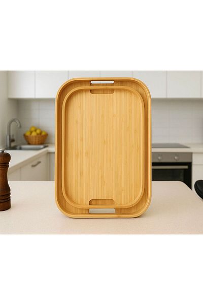 ENYAZA(2024) Natural Bamboo Set of 2 Rectangular Presentation Trays – Non-Slip & Ergonomic Grip Handles